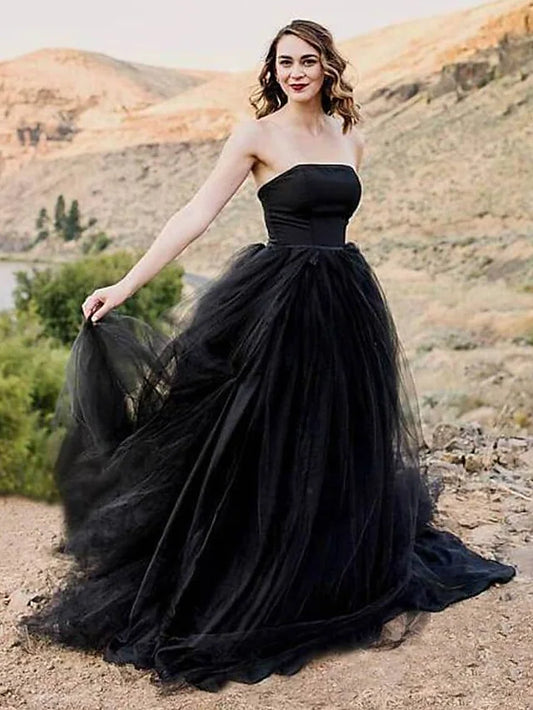 Gothic Black Wedding Dresses Chapel  A-Line Sleeveless Strapless Satin With Solid