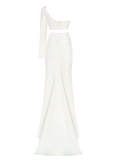 Minimalist Sexy Prom Birthday Dress One Shoulder Long Sleeve Court Train Satin with Slit Pure Color