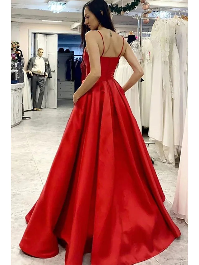Prom Dresses Minimalist Dress Formal Floor Length Sleeveless V Neck Pocket Satin with Pleats
