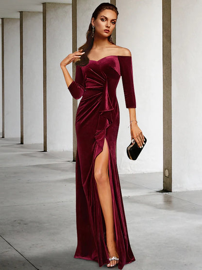 Mother of the Bride Dress Vintage Elegant Off Shoulder Floor Length Velvet  Length Sleeve with Split Front Ruching