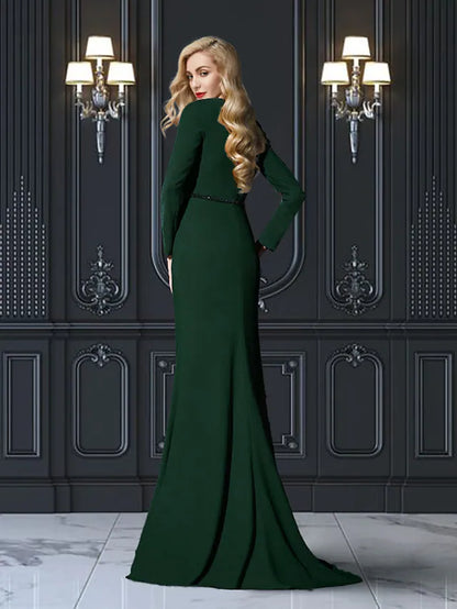 Mother of the Bride Dress Plus Size Elegant Jewel Neck Sweep  Chiffon Long Sleeve with Sash  Ribbon
