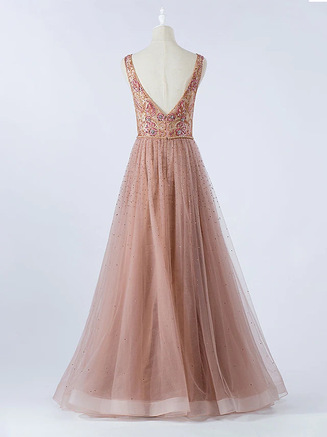 Luxurious Prom Formal Evening Dress Illusion Neck Backless Sleeveless Floor Length Tulle with Crystals Beading
