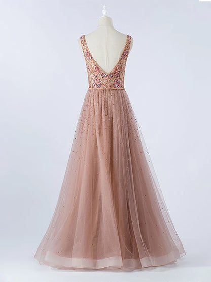 Luxurious Prom Formal Evening Dress Illusion Neck Backless Sleeveless Floor Length Tulle with Crystals Beading