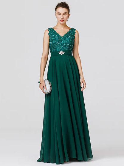 Elegant Dress Wedding Guest Floor Length Sleeveless V Neck Chiffon V Back with Sash  Ribbon Beading