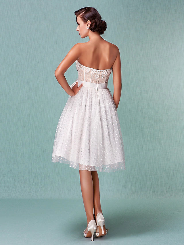 Open Back Wedding Dresses Knee Length Princess Strapless Sweetheart Tulle With Bowknot Sash  Ribbon