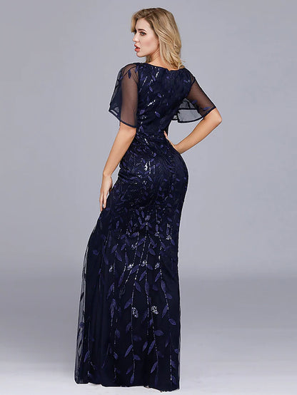 Evening Gown Empire Dress Party Wear Floor Length Short Sleeve Jewel Neck Tulle with Ruffles Embroidery