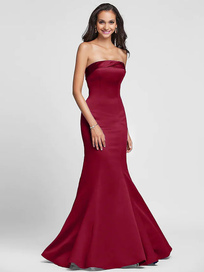 Mermaid  Trumpet Bridesmaid Dress Strapless Sleeveless Lace Up Floor Length Satin with Side Draping