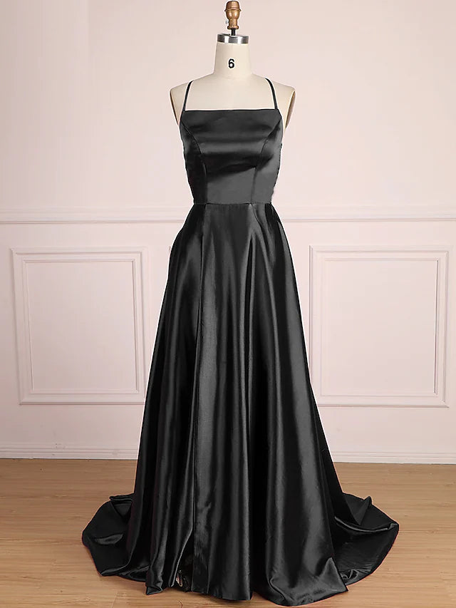 A-Line Prom Dresses Minimalist Dress Party Wear Sweep  Sleeveless Spaghetti Strap Satin with Pleats Slit